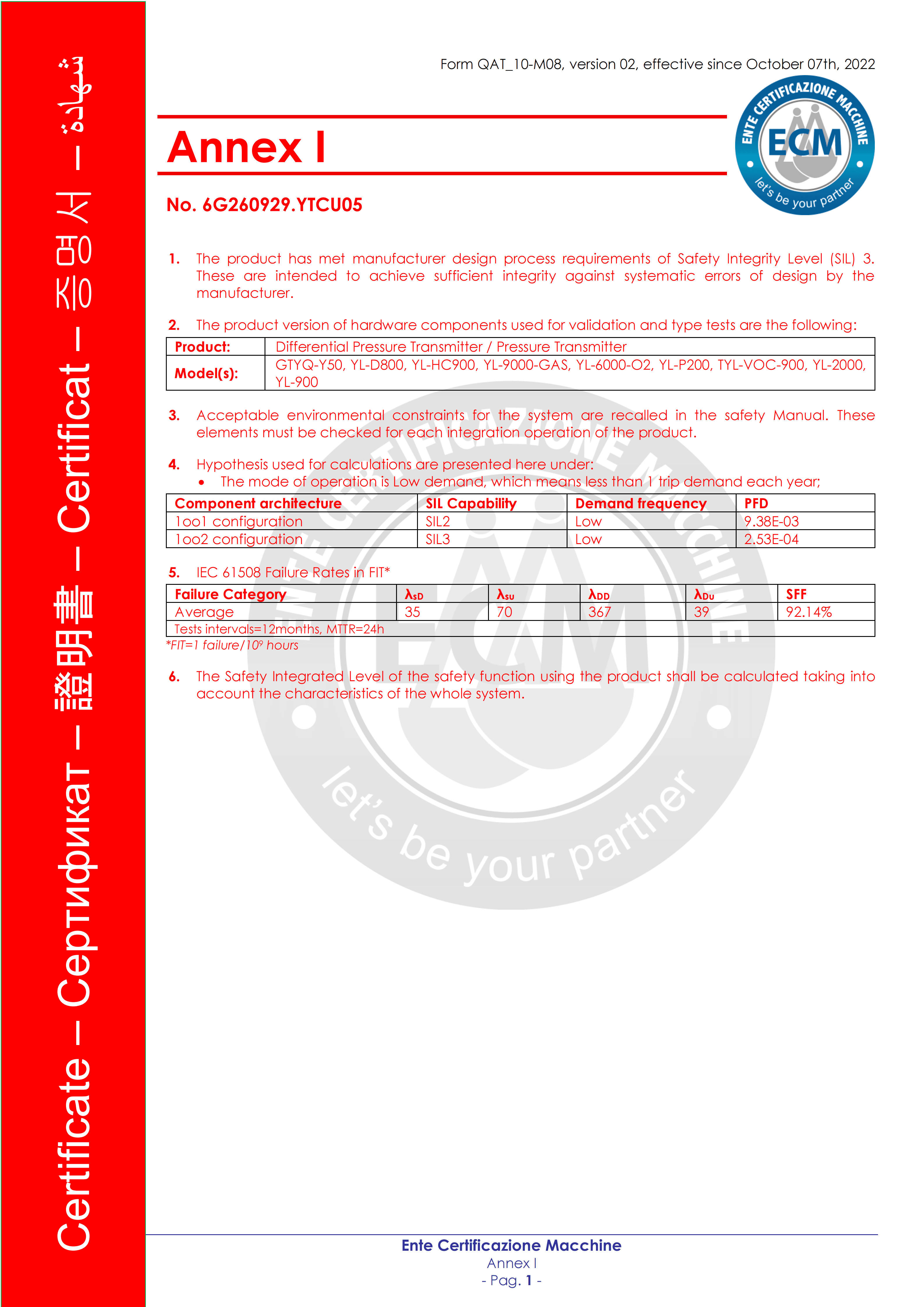 SIL功能安全证书（IEC 61508）